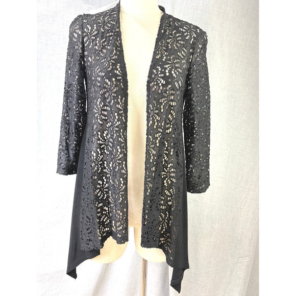 Travelers Collection by Chico's Sweaters - Travelers Collection by Chico's Black‎ Lace Open Cardigan Dramatic Layering S/M